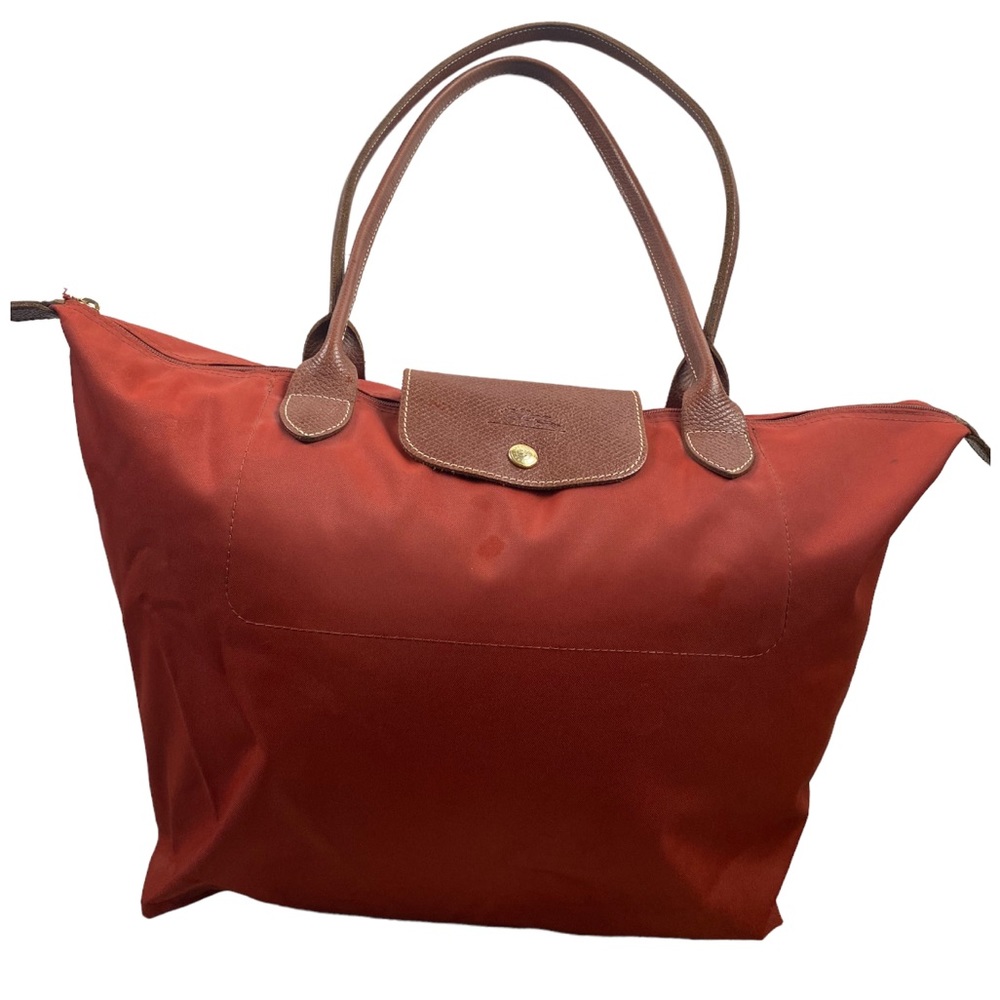 Lonchamp Le Piliage Large Overnight Bag Cognac Leather Handles and Logo on Flap
